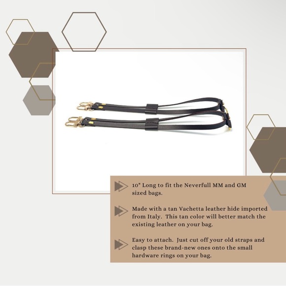 Louis Vuitton Neverfull BROWN Vachetta Leather Replacement Side Strap cinches - Picture 5 of 10